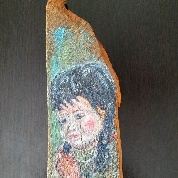 1960 Folk Art Native Praying Girl Female Child Color Portrait - Portrait on Wood